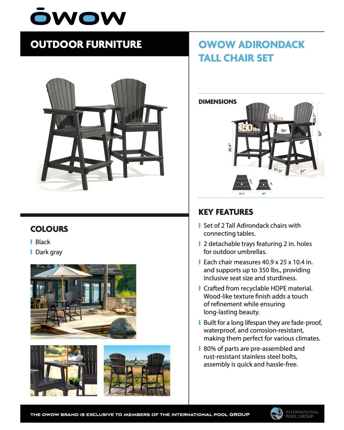 ŌWOW TALL ADIRONDACK CHAIR SET - BLACK