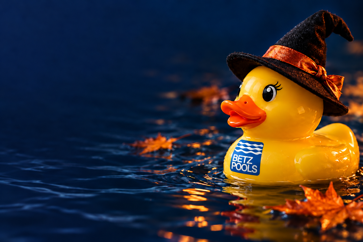 Halloween witch duck with Betz Pools logo centred on the front of its chest